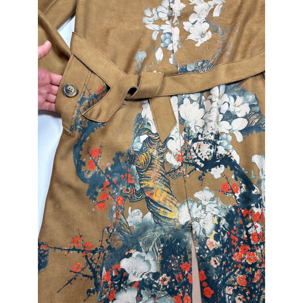 Chico's Scuba Suede Trench Coat Floral Tiger Print Brown Size 00 XS New Artsy - Picture 9 of 16